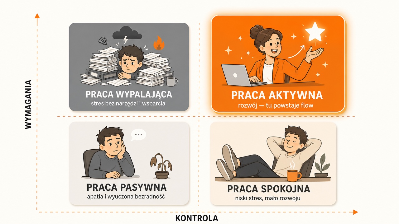 Model Job Demand–Control Roberta Karaska: wymagania × kontrola — praca wypalająca, praca aktywna (tu powstaje flow), praca pasywna i praca spokojna