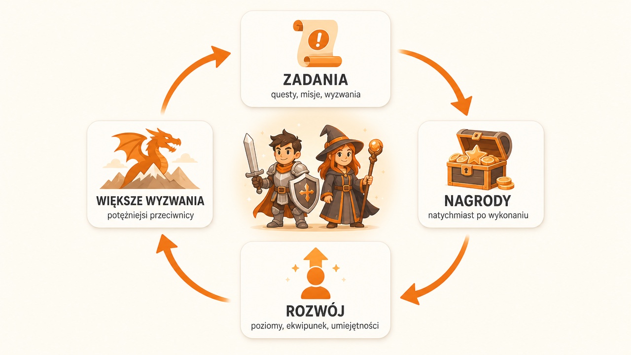 Główna pętla gry RPG (core gameplay loop): zadania (questy), nagrody, rozwój postaci, większe wyzwania — mechanizm, na którym opiera się grywalizacja