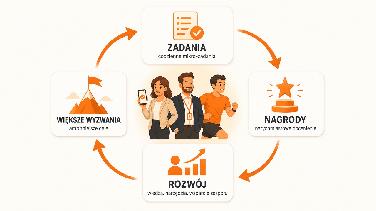 Ta sama pętla w świecie rzeczywistym: codzienne mikro-zadania, natychmiastowe docenienie, rozwój i ambitniejsze cele — grywalizacja pracy i sportu