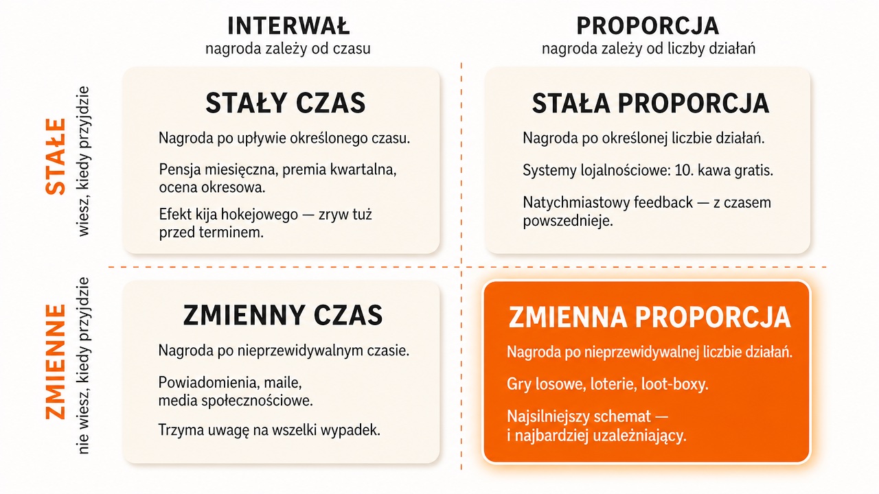 Cztery schematy nagród w grywalizacji w układzie 2×2: oś pozioma interwał (czas) i proporcja (liczba działań), oś pionowa schemat stały i zmienny — fixed-interval (kij hokejowy, premia kwartalna), fixed-ratio (systemy lojalnościowe), variable-interval (powiadomienia, media społecznościowe) oraz variable-ratio (najsilniejszy schemat, gry losowe, ryzyko uzależnienia)